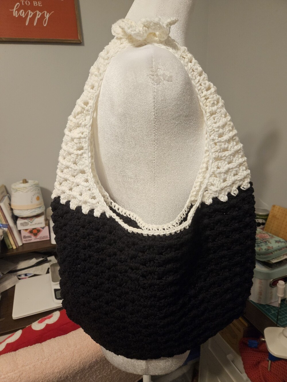 Handmade Crochet Two-Tone Tote Bag - Black and White.
